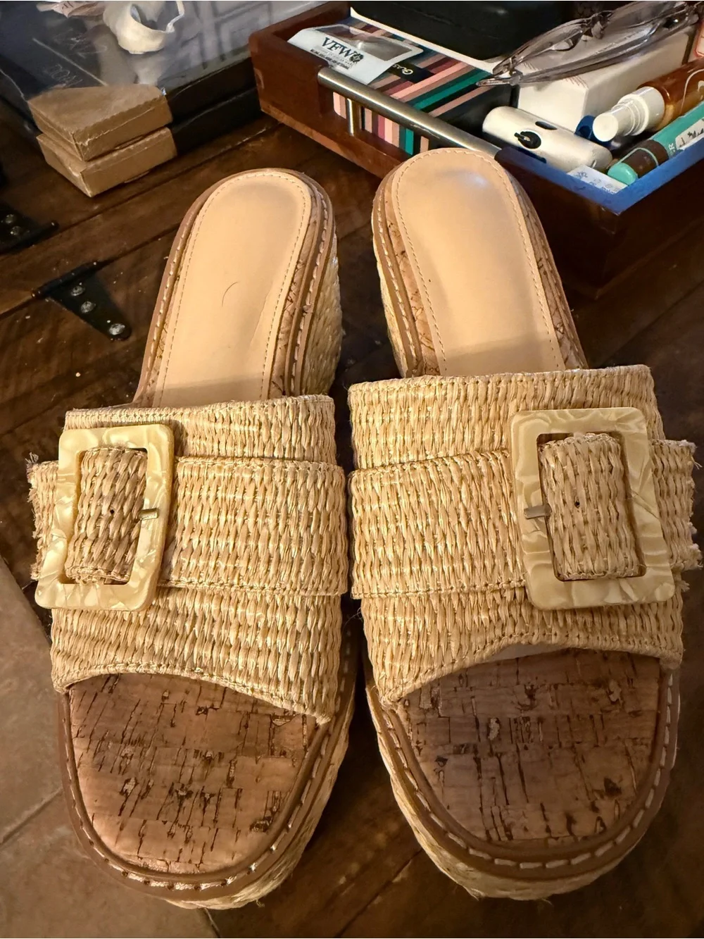 Woven Slide Sandals with Buckle - Beige